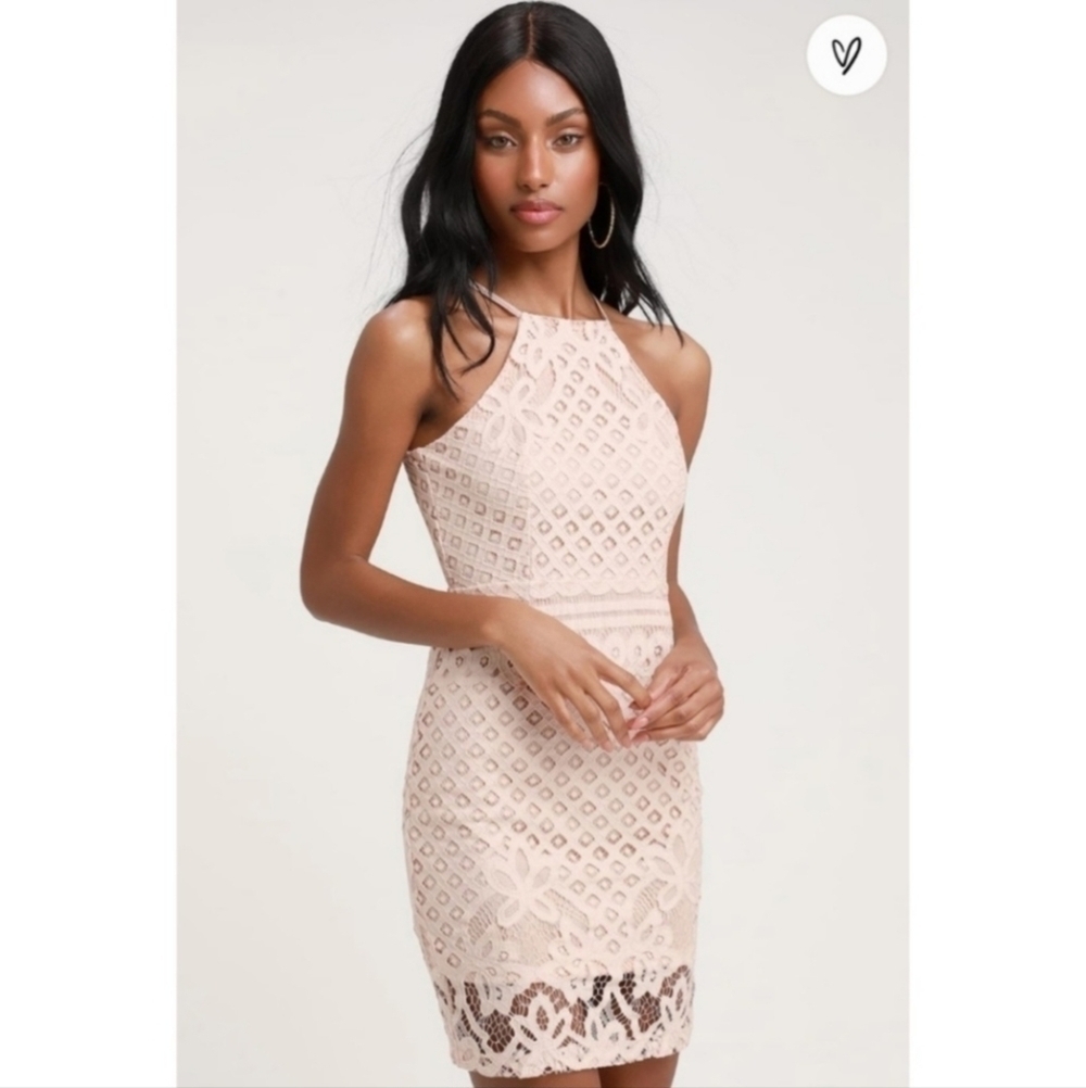 Lulus Steal A Kiss Blush Pink Lace Dress Women's XS Halter Top Mini Short Cute